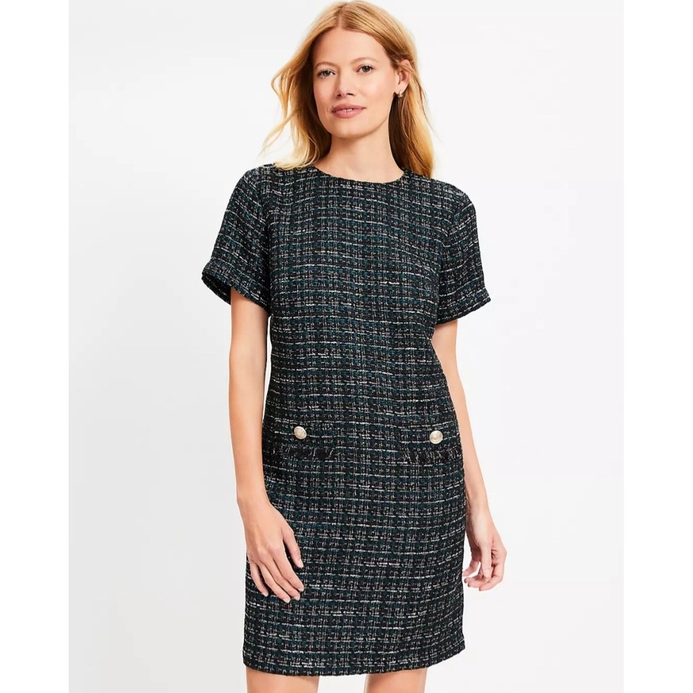 NWT Women's LOFT Size 8 Black Metallic Tweed Fringe Mini Dress with Pockets